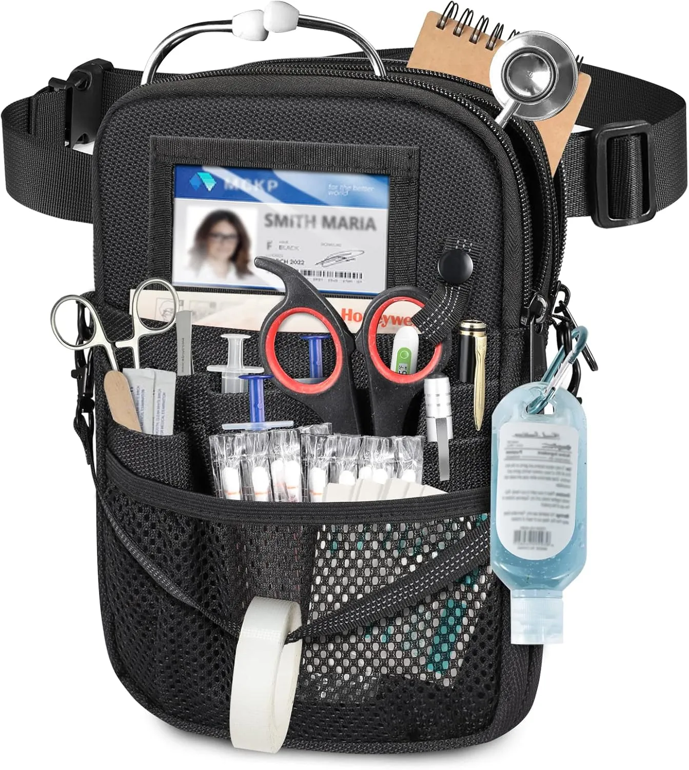 Nurse Fanny Pack with Tape Holder, SITHON Multi Compartment Medical Gear Pocket Belt Bag Nursing Organizer Pouch | Utility Waist Pack for Stethoscopes, Bandage Medical Supplies (*Black 2 Zipper)