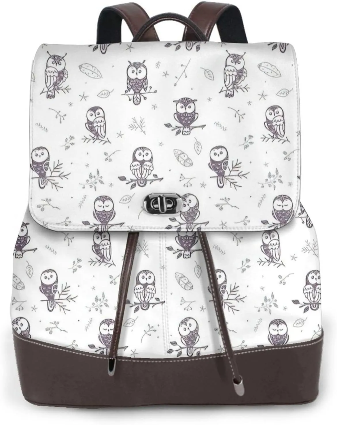 Owl Tree Branches Print Women's PU Leather Backpack, Fashion, Work, Journey Daily Use - Chestnut Brown