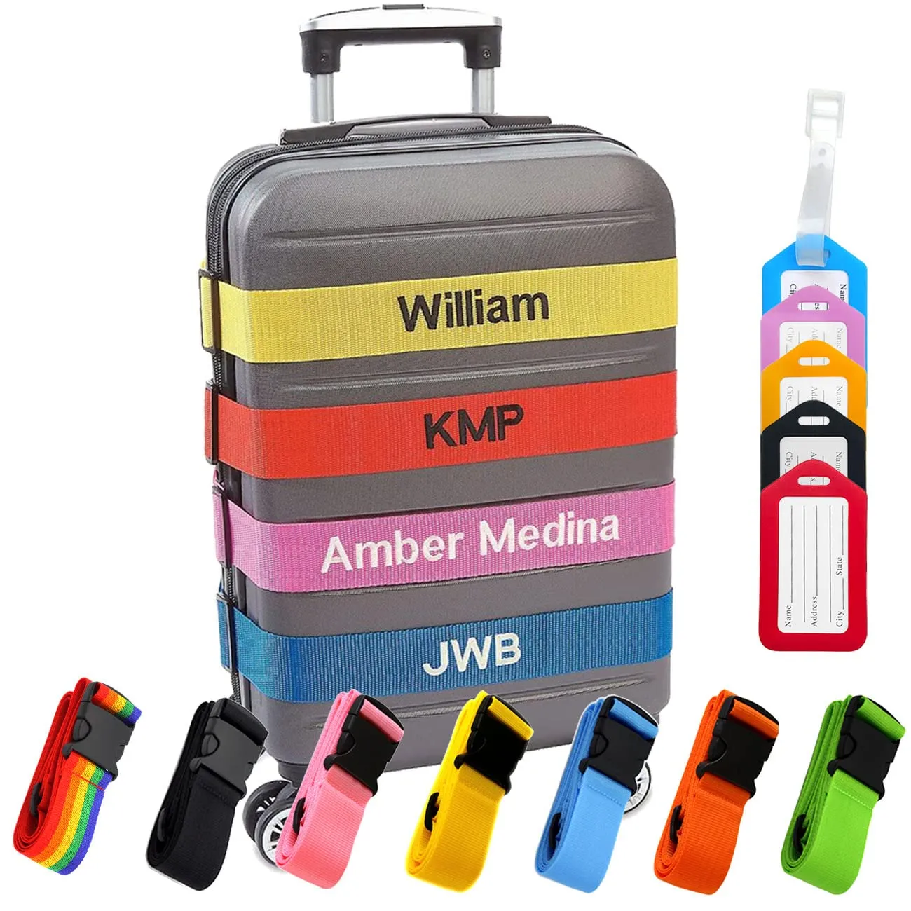 Personalized Luggage Straps, Adjustable Suitcase Belt Embroidered with Name/Text, Secure Bag Closure Bright Woven Belt Suitcases Band for Traveler Business - 13 Colors - Adjusts from 38" to 74" L