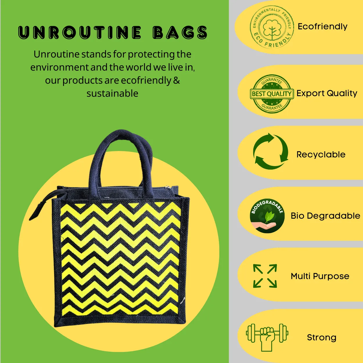 Printed Jute Compact Lunch Bag Chevron - Yellow