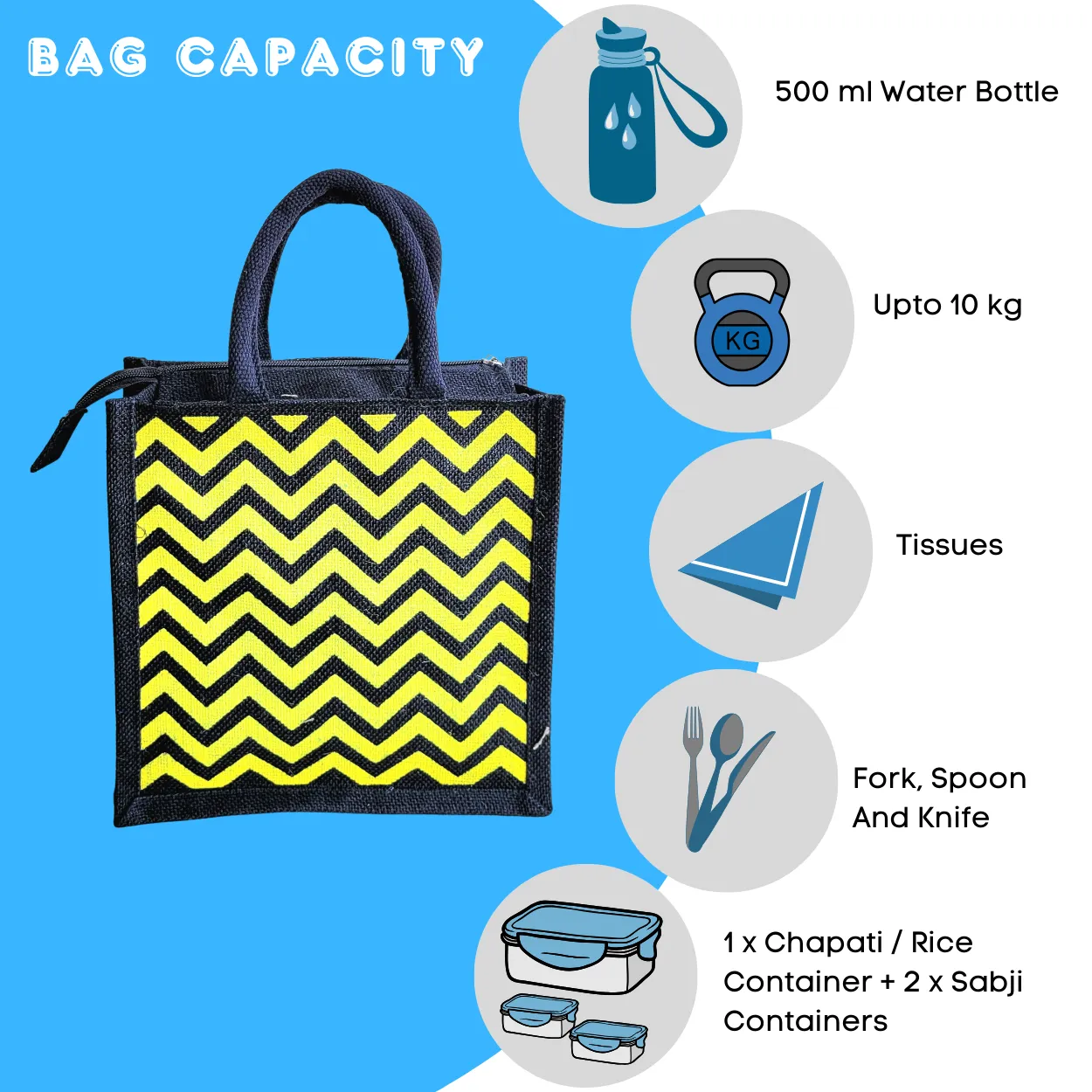 Printed Jute Compact Lunch Bag Chevron - Yellow