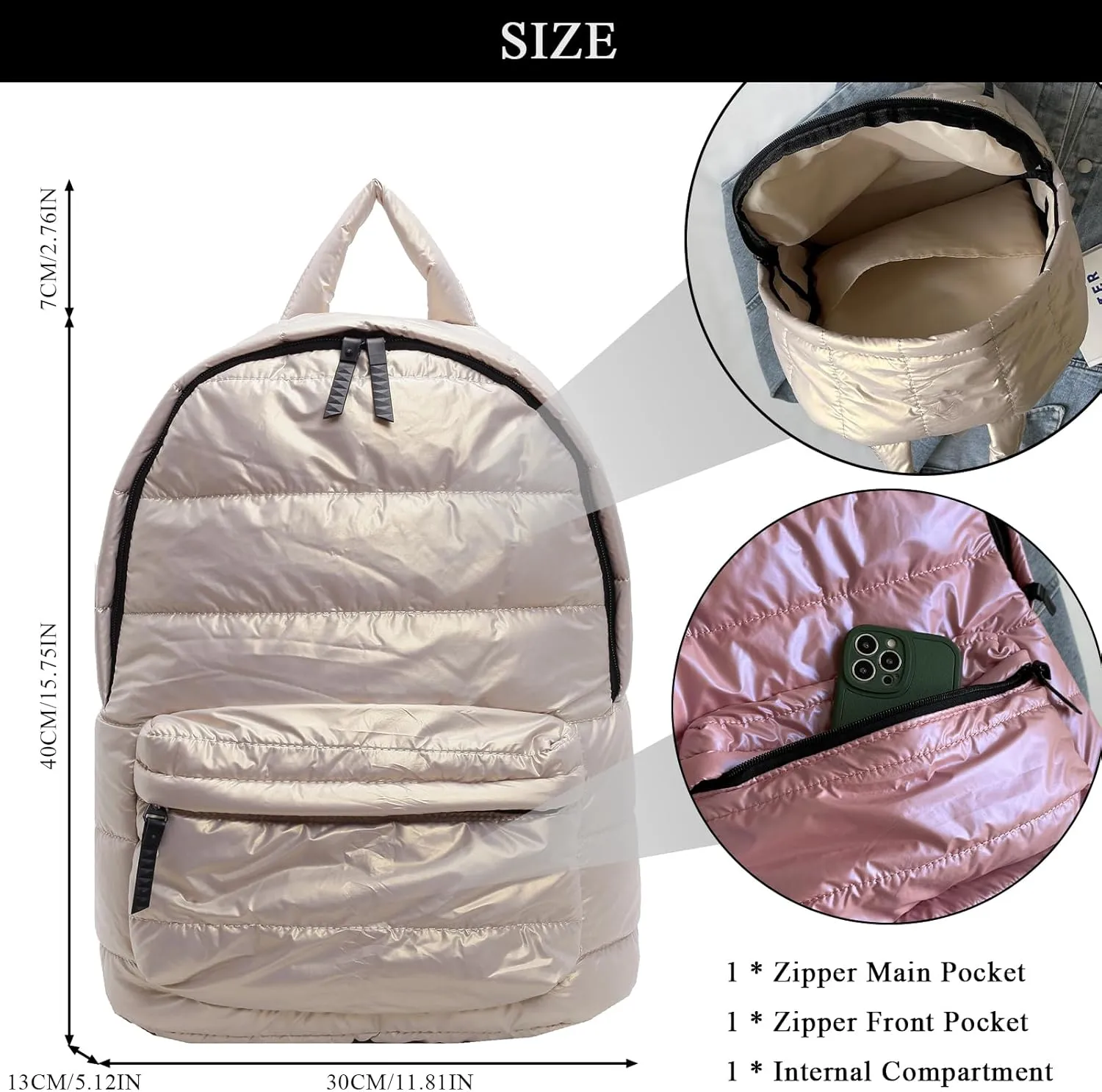 Puffy Backpack Fashion Lightweight Quilted Puffer Backpack Purse for Women Casual Daily Carry on Daypack (Khaki)