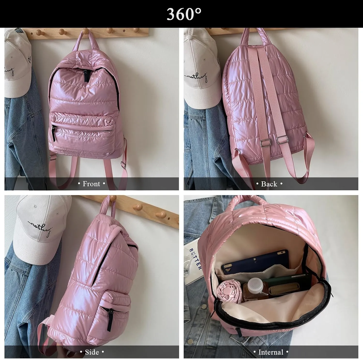 Puffy Backpack Fashion Lightweight Quilted Puffer Backpack Purse for Women Casual Daily Carry on Daypack (Khaki)