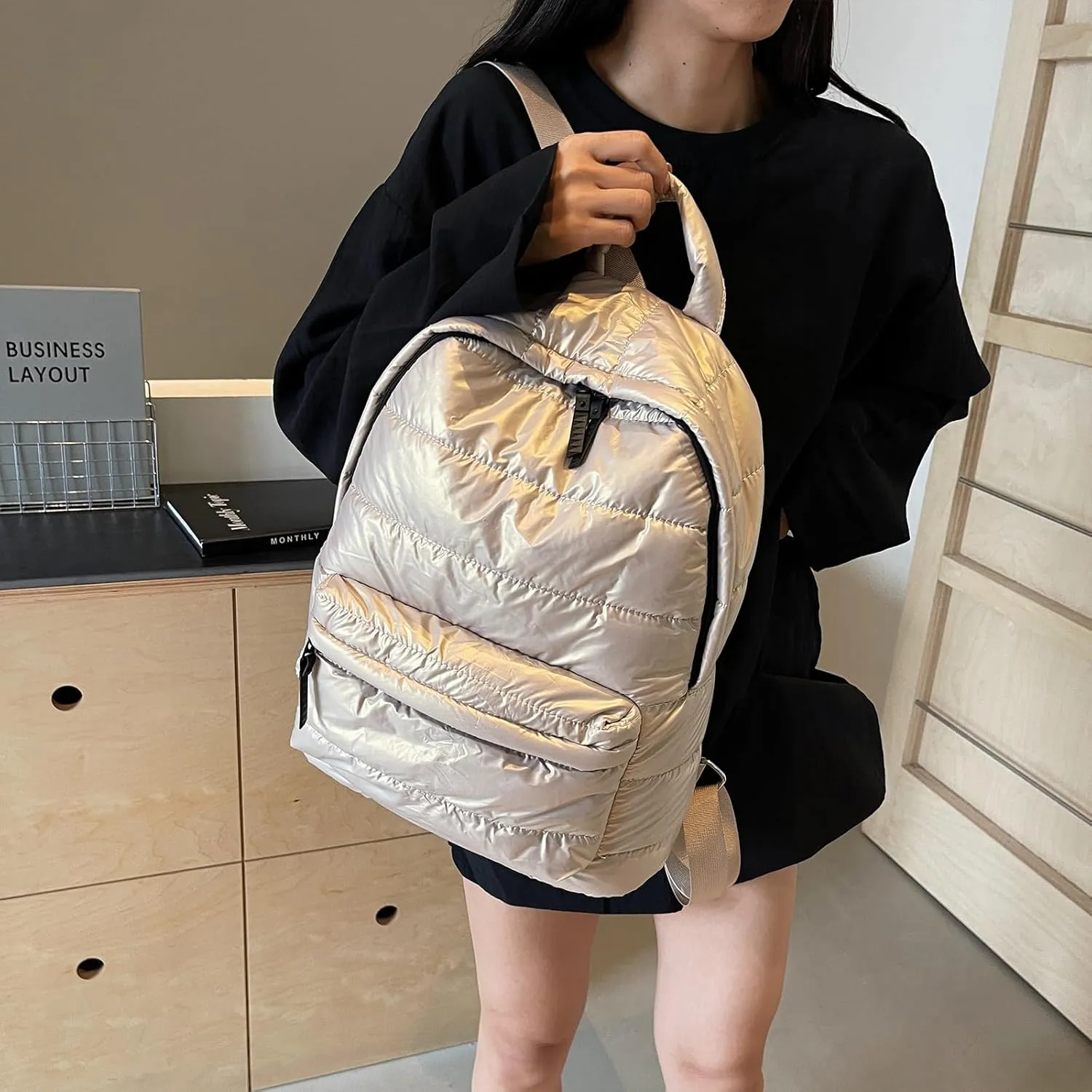 Puffy Backpack Fashion Lightweight Quilted Puffer Backpack Purse for Women Casual Daily Carry on Daypack (Khaki)