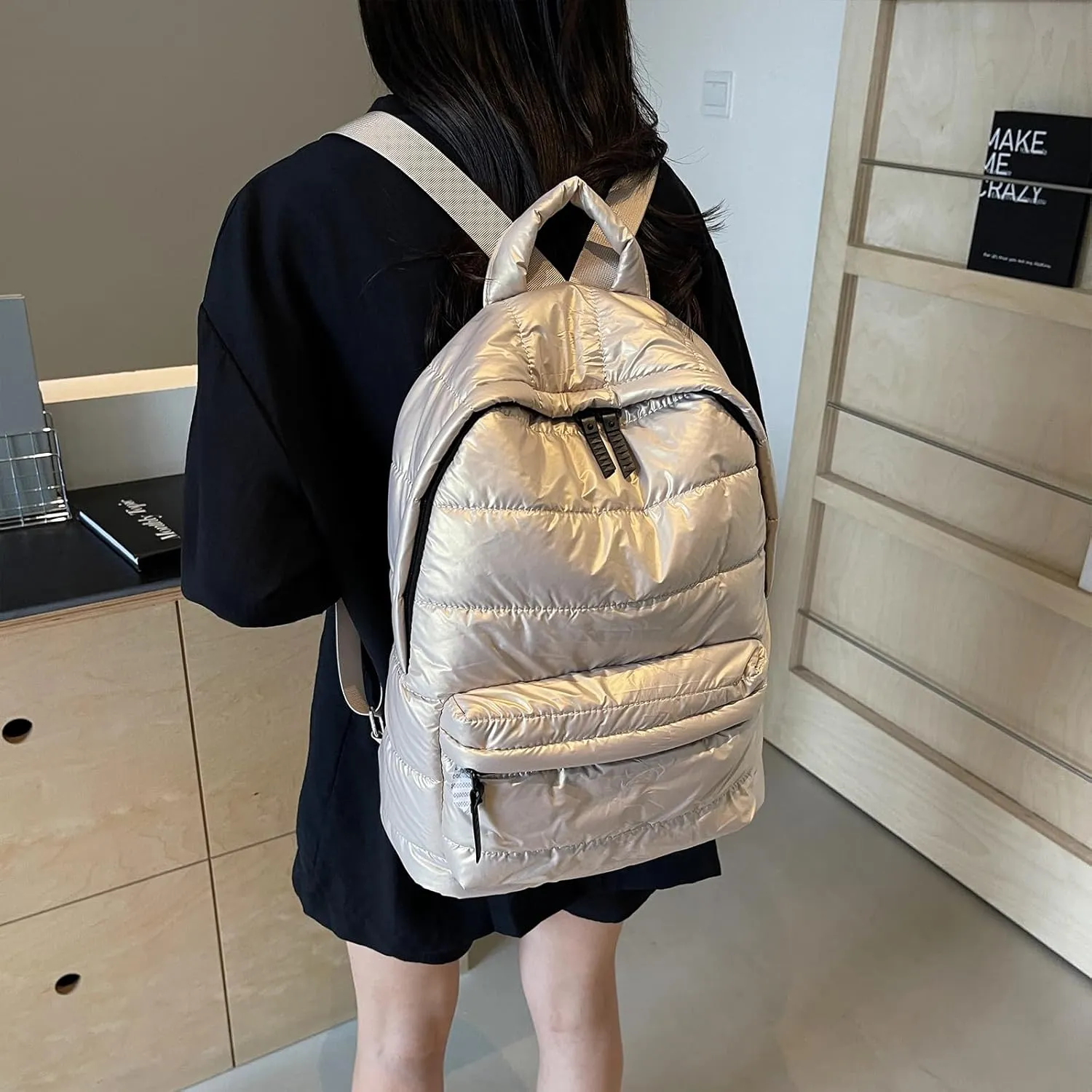 Puffy Backpack Fashion Lightweight Quilted Puffer Backpack Purse for Women Casual Daily Carry on Daypack (Khaki)