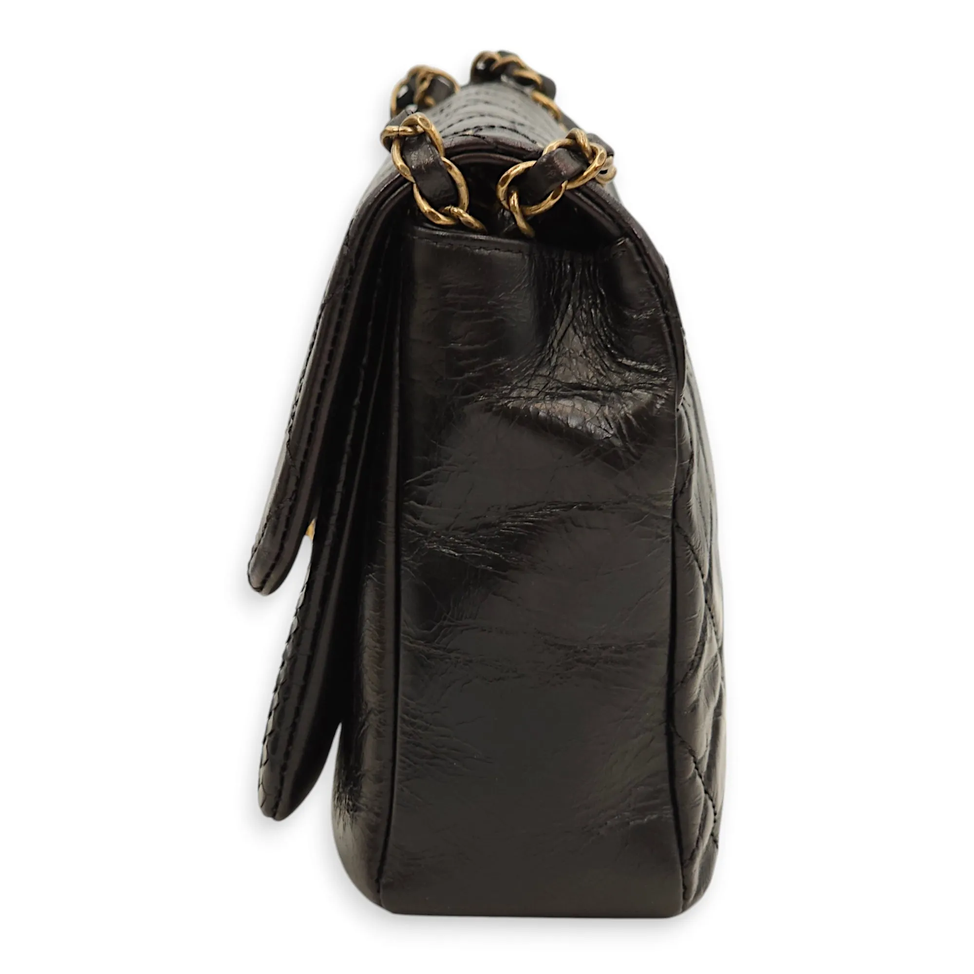 Quilted Urban Flap Black Shoulder Bag in Calfskin, Python Leather, Gold hardware