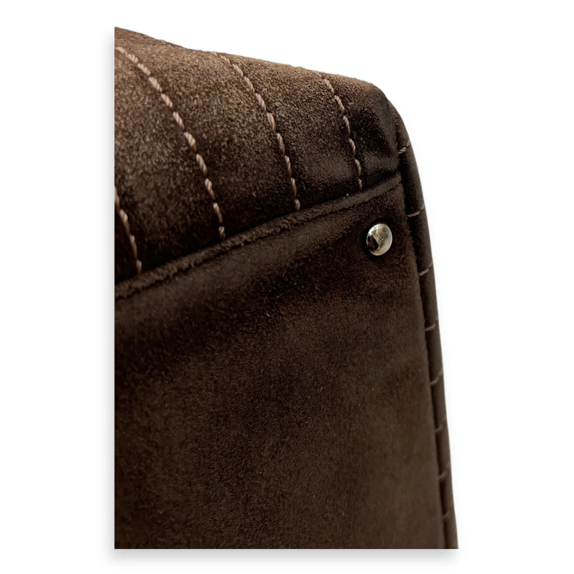 Quilted Vertical Mademoiselle Brown Tote Bag in Suede Leather, Silver hardware
