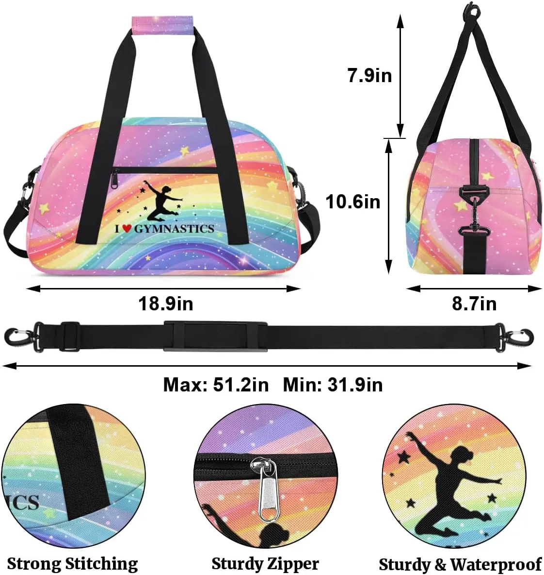 Rainbow Gymnastics Patterns Personalized Duffle Bag for Kids Custom Dance Ballet Bag with Name Lightweight Travel Weekender Overnight Bags Sport Gym Duffel Bag Workout Carry On Tote for Girls Boys