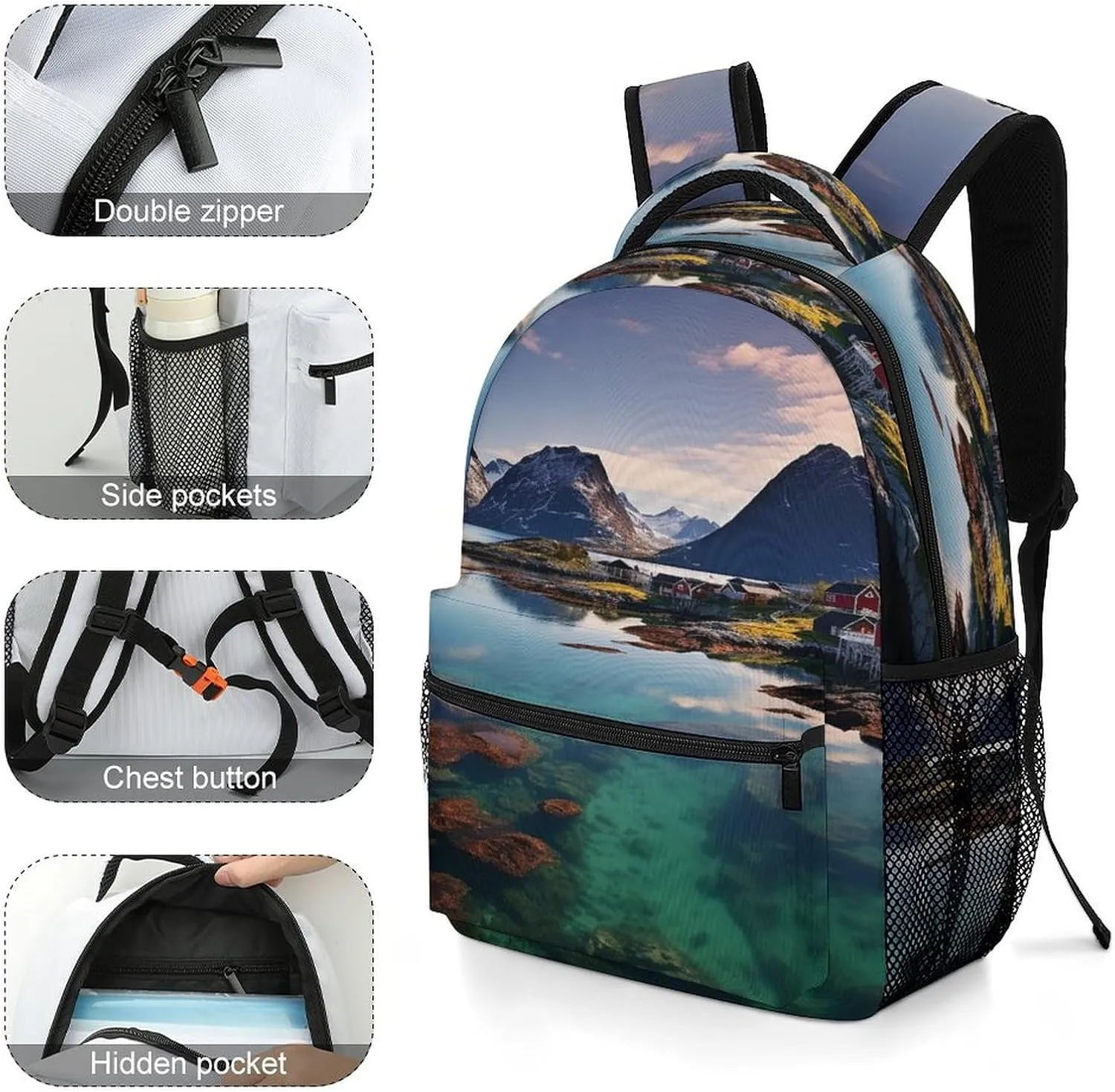 Small Backpacks Personalized Norway Islands Printing Travel Bag Lightweight Travel Backpack For Women Men