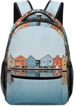 Small Backpacks Personalized Several Houses on The Island Printing Travel Bag Lightweight Travel Backpack For Women Men
