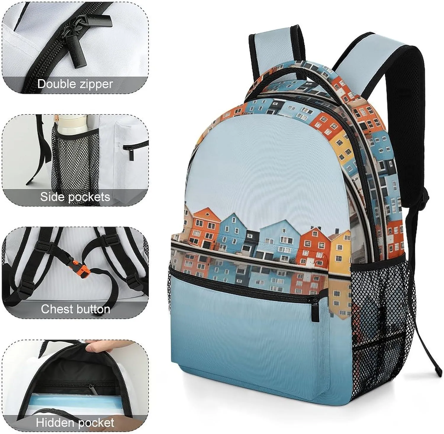Small Backpacks Personalized Several Houses on The Island Printing Travel Bag Lightweight Travel Backpack For Women Men