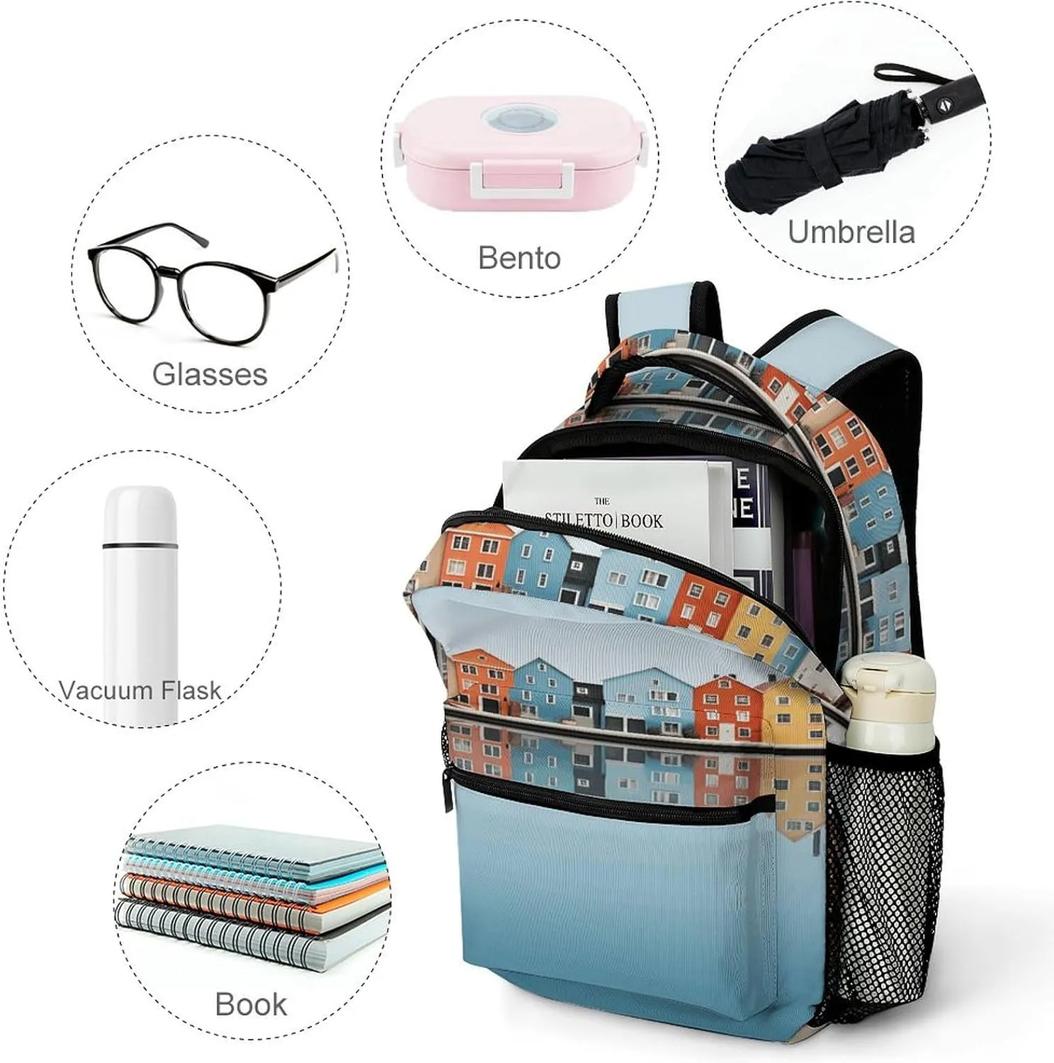 Small Backpacks Personalized Several Houses on The Island Printing Travel Bag Lightweight Travel Backpack For Women Men