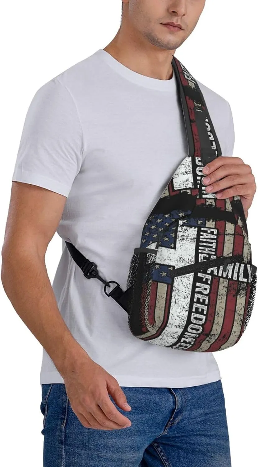 Sunflower American Flag Sling Bag Adjustable Chest Bags Casual Crossbody Bag Travel Shoulder Backpack