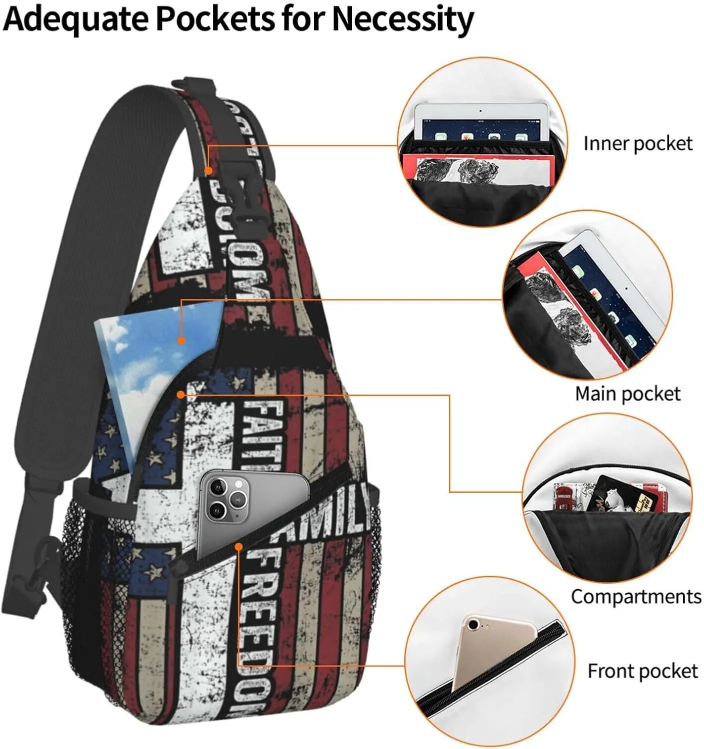 Sunflower American Flag Sling Bag Adjustable Chest Bags Casual Crossbody Bag Travel Shoulder Backpack
