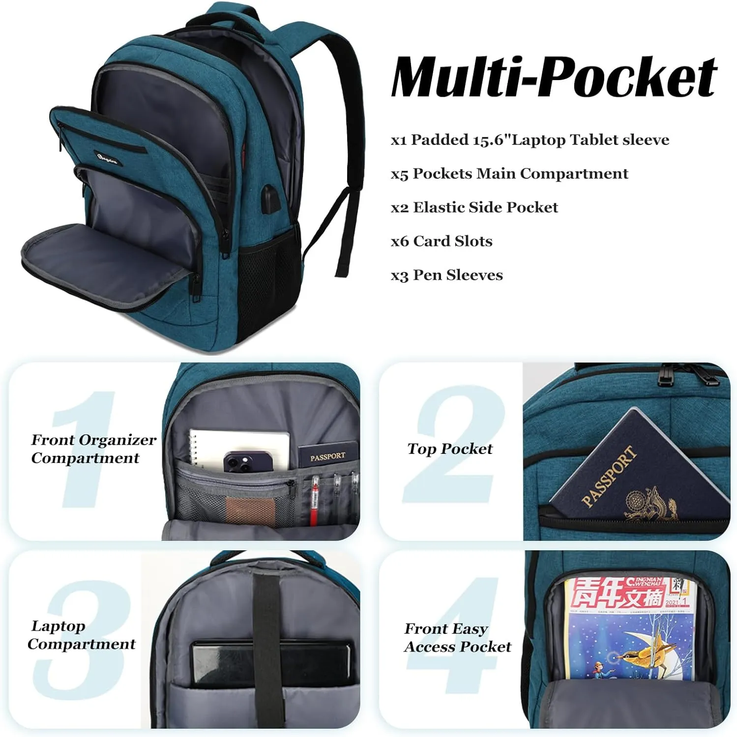 Travel Laptop Backpack, School Backpacks for Boys. College High School BookBag. Anti-Theft Laptop bookbags. Water Resistant Backpacks with USB Charging Port Fit 15.6 Inch, Gift for Men Women, Blue