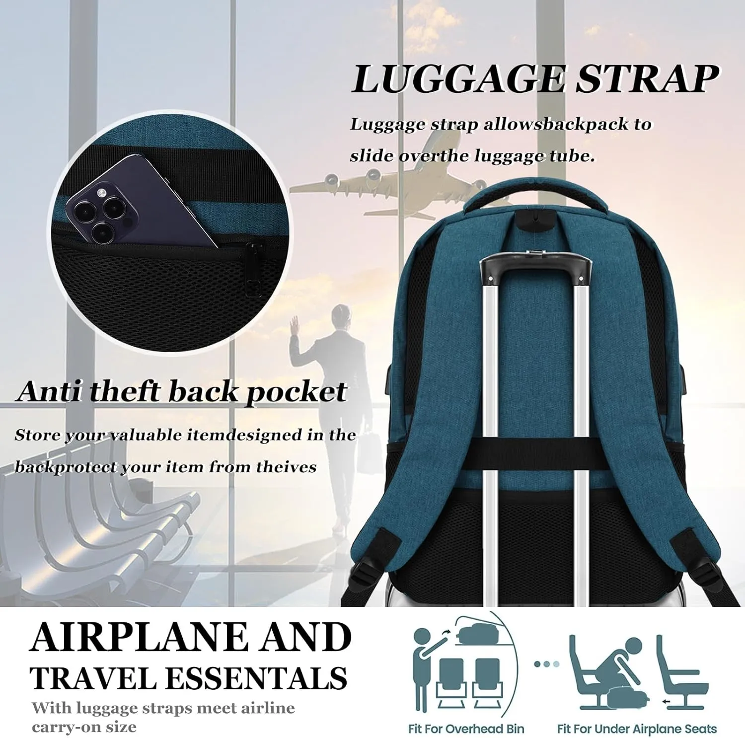 Travel Laptop Backpack, School Backpacks for Boys. College High School BookBag. Anti-Theft Laptop bookbags. Water Resistant Backpacks with USB Charging Port Fit 15.6 Inch, Gift for Men Women, Blue