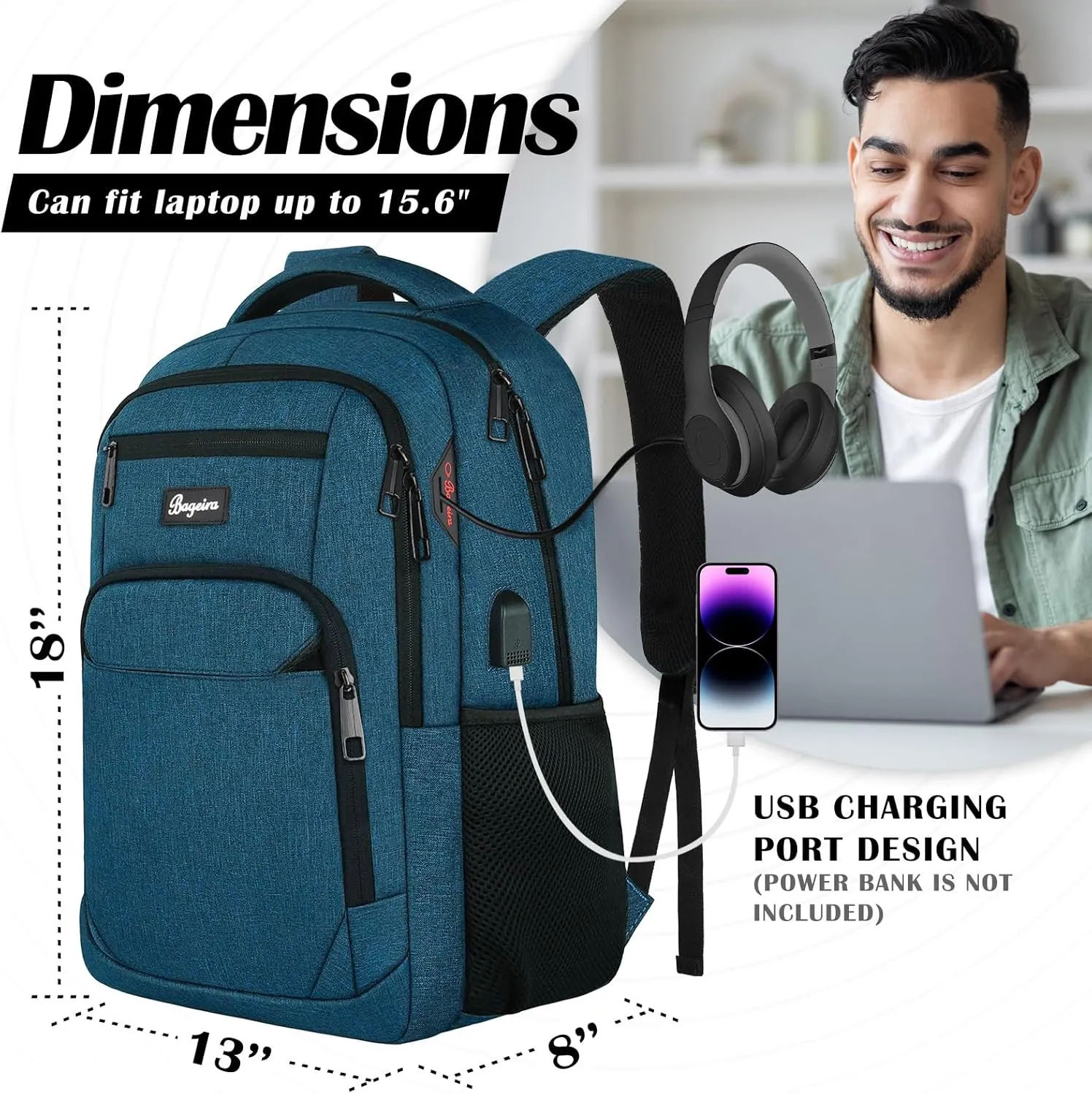 Travel Laptop Backpack, School Backpacks for Boys. College High School BookBag. Anti-Theft Laptop bookbags. Water Resistant Backpacks with USB Charging Port Fit 15.6 Inch, Gift for Men Women, Blue