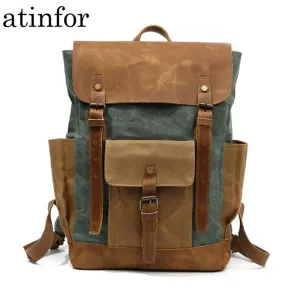 Waterproof Oil Wax Canvas with Crazy Horse Cow Leather Backpacks Vintage Unisex Travel