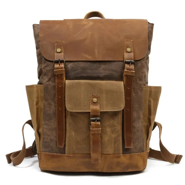 Waterproof Oil Wax Canvas with Crazy Horse Cow Leather Backpacks Vintage Unisex Travel