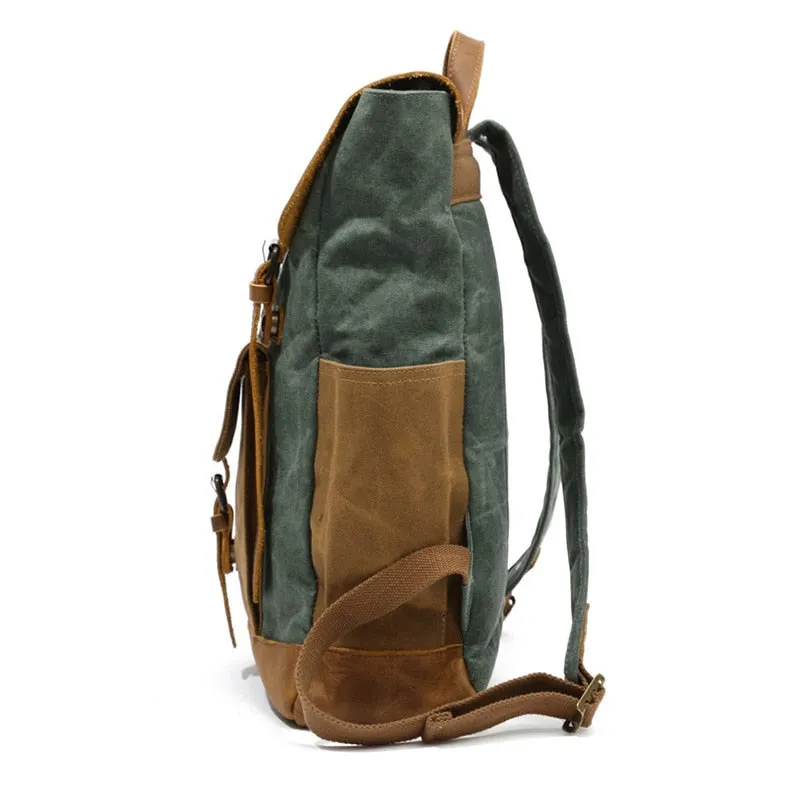 Waterproof Oil Wax Canvas with Crazy Horse Cow Leather Backpacks Vintage Unisex Travel