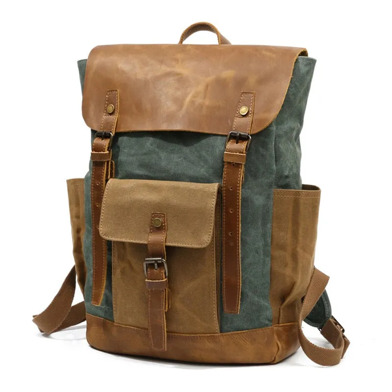 Waterproof Oil Wax Canvas with Crazy Horse Cow Leather Backpacks Vintage Unisex Travel