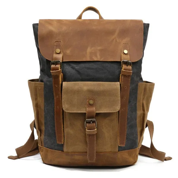 Waterproof Oil Wax Canvas with Crazy Horse Cow Leather Backpacks Vintage Unisex Travel