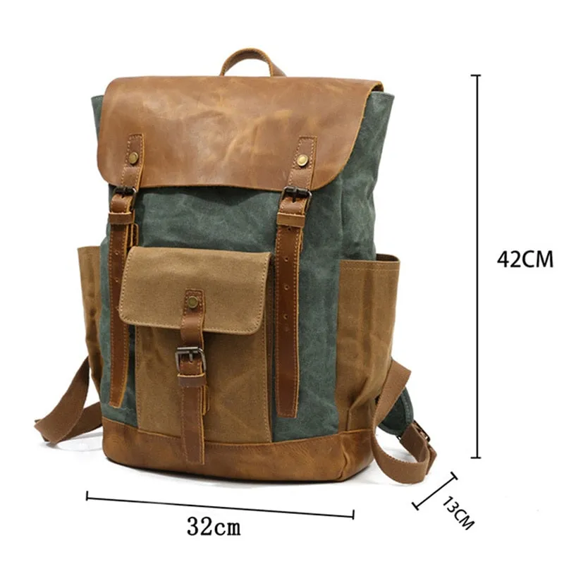 Waterproof Oil Wax Canvas with Crazy Horse Cow Leather Backpacks Vintage Unisex Travel