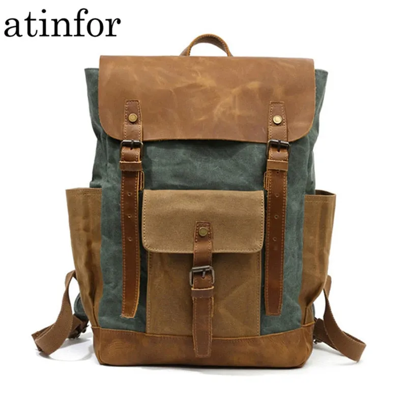 Waterproof Oil Wax Canvas with Crazy Horse Cow Leather Backpacks Vintage Unisex Travel