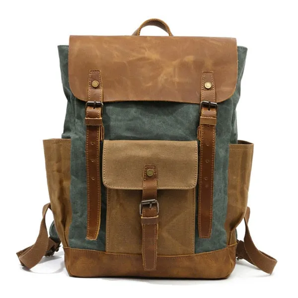 Waterproof Oil Wax Canvas with Crazy Horse Cow Leather Backpacks Vintage Unisex Travel