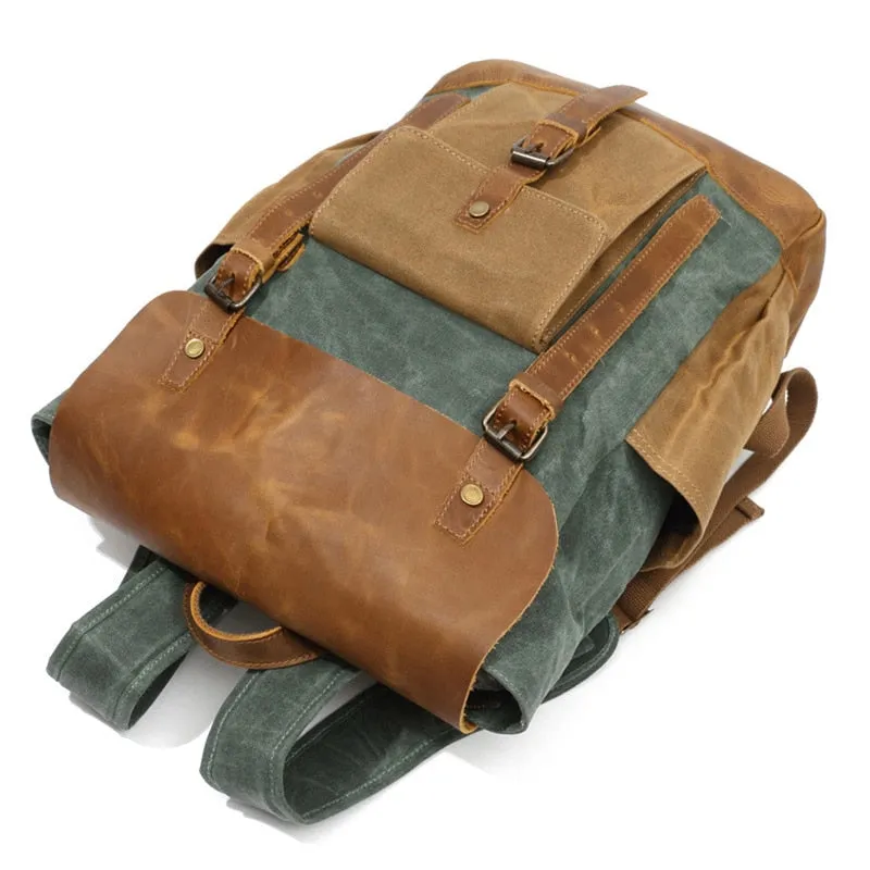 Waterproof Oil Wax Canvas with Crazy Horse Cow Leather Backpacks Vintage Unisex Travel